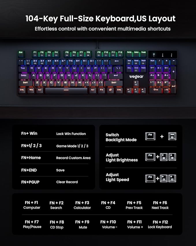 RGB Mechanical Gaming Keyboard Blue Switch, 104 Keys Full-Size Light Up Key-board with 11 Backlit Modes, Anti-Ghosting, Double-Shot ABS Keycaps, USB Wired Computer Key board for Windows PC Gamer