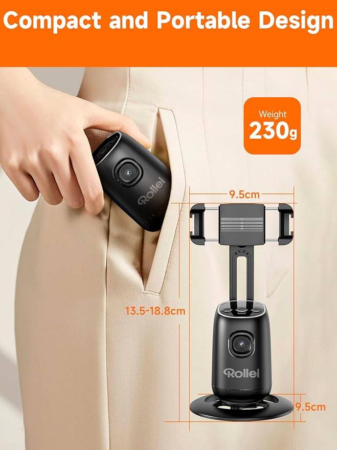 Rollei Auto Face Tracking Tripod, Desktop Smartphone Gimbal Stabilizer Phone Holder with AI Track for iPhone/Android Stand for Filming Streaming Tiktok Video Vlog