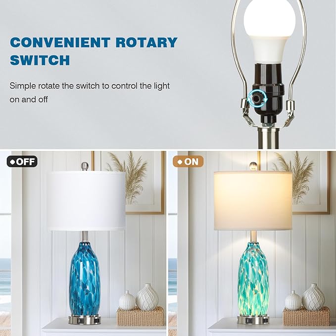 Rinweey 26" Peacock Green Glass Table Lamps Set of 2,Coastal Nautical Bedside Lamps with USB Ports & AC Outlet,Lamparas Elegantes para Cuarto with Night Light for Bedroom Living Room Decoration