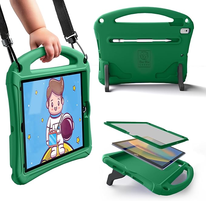 Bam Bino Space Suit iPad 9th Generation Case Kids, iPad 8th/7th/10.2 inch iPad Case for Kids | Lightweight Cover with Screen Protector, Handle, Stand, Shoulder Strap, Pencil Holder (Mint Green)