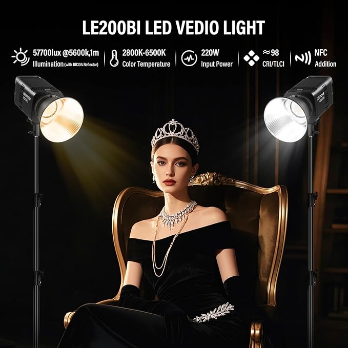 Godox Litemons LE200Bi 220W Bi Color COB LED Video Light, Professional Bowens Mount Continuous Photography Studio Lighting CRI/TLCI 98+ 57700 Lux@1m APP DMX Control Ultra Quiet for Video Recording