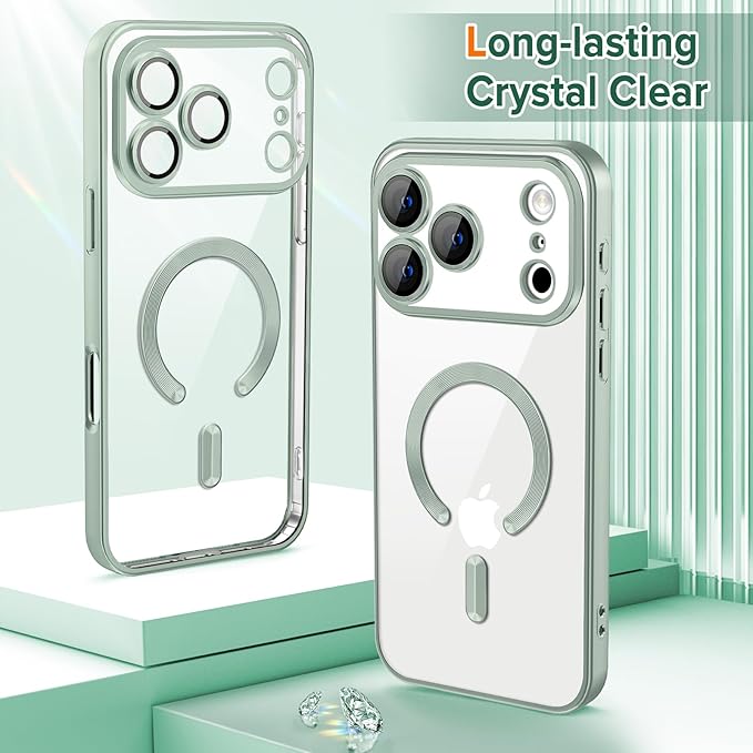 Hython Magnetic Clear for iPhone 17 Pro Max Case with Camera Lens Protector [Compatible with MagSafe] Plating Edge Slim Soft TPU Cover Protective Phone Case for iPhone 17 Pro Max 6.9", Matte Mint