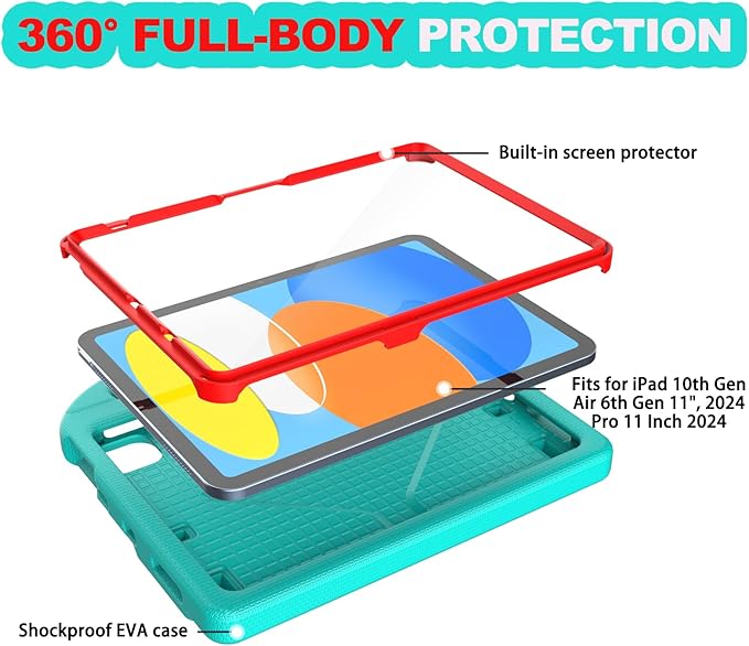 YIHE Kids Case for iPad A16 11th Generation (11" 2025) & 10th Gen (10.9" 2022) | Shockproof Tablet Cover with Built-in Screen Protector & Pencil Holder for iPad 10.9/11 Inch, Cyan Red