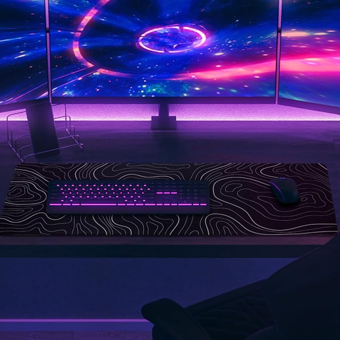 Mouse Pad Gaming Mousepad, 31.5 x 11.8in Large Desk Mat Keyboard Pads Extend Long XL Mouse Mat with Non-Slip Base Desk Accessories for Home Office Keyboard Mouse (Black Topographic)