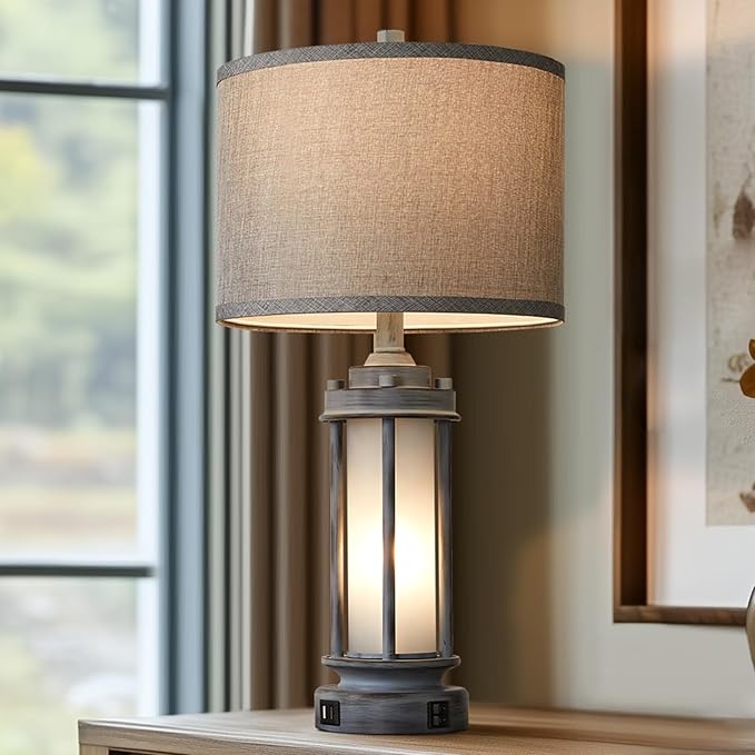 AIEAMPDO Rustic Table Lamp for Bedroom Living Room with 2 USB Ports, Farmhouse Vintage Nightstand Lamp 25'' with Light Green Glass Nightlight, Antique Retro Desk Lamp for Entryway, 2 Bulbs Included