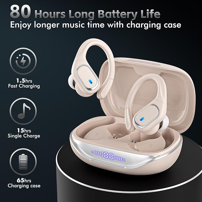 HAOYUYAN Wireless Earbuds, Sports Bluetooth Headphones, 80Hrs Playtime Ear Buds with LED Power Display, Noise Canceling Headset, IPX7 Waterproof Earphones for Workout/Running（Oatmeal White）