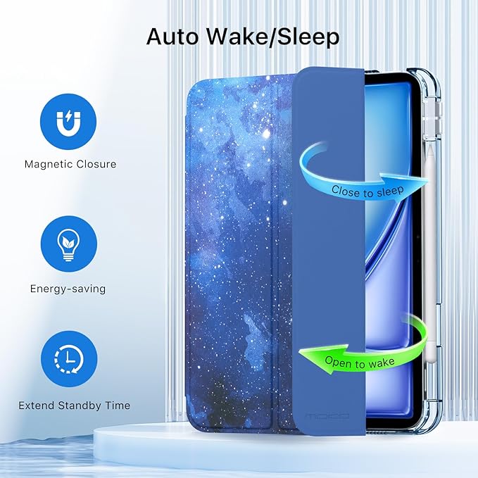 MoKo for iPad Air 11 inch Case (M4/M3/M2) 2026/2025/2024, iPad Air 5th/4th Gen 10.9 inch Case 2022/2020 with Pencil Holder, Slim Trifold Cover with Hard PC Translucent Back Shell, Blue Starry Sky