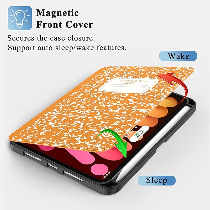 Supveco Case for iPad mini 7 (A17 Pro) 2024/iPad Mini 6 2021 8.3 Inch with Pencil Holder-[Auto Wake/Sleep],Slim Protective Case with Soft TPU Back Cover for iPad mini 7th/6th Generation(Citrus)