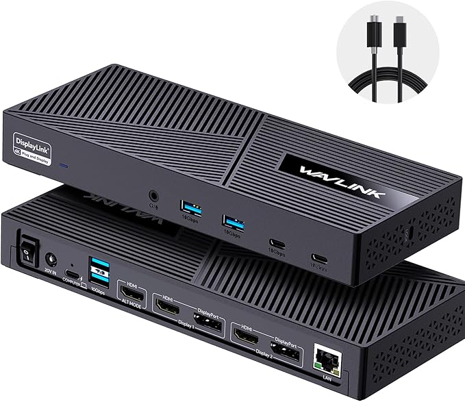 WAVLINK Displaylink Docking Station 3 Monitors with 130W Power Delivery, 10Gbps USB for MacBook (M1-M5, Neo) & Windows, USB-C(3 HDMI, 2 DisplayPort, 2 USB-C, 4 USB3.1, Ethernet, Audio)