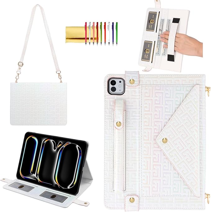 Shiny Case for iPad Pro 11" M5 M4 (2025/2024) Handbag Case, Techcircle Iridescent PU Leather Folio Envelope Pocket Stand Cover with Hand Strap+Shoulder Strap+Pencil Holder+Card Slots, Shiny White