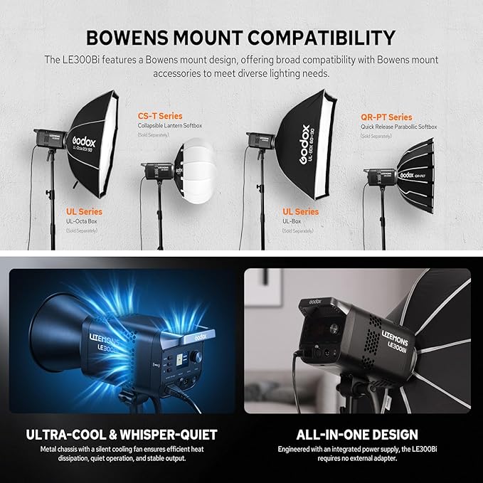 Godox LE300Bi 315W Bicolor LED Video Light, Powerful LED Continuous Output Lighting Bowens Mount,58900lux/1m, 2800K~6500K, CRI 98, FX Mode, Studio Light for Photography Video Recording Live Streaming