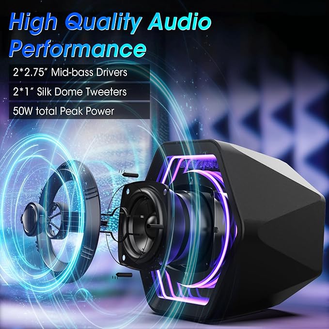 Computer Gaming Speakers, 50W Active Desktop Speakers with Infinity Mirror 3D Tunnel RGB (8 Modes), Bluetooth 5.3, AUX in, Headphone Out & Type-C Input, 3 EQ Modes, AC Powered for PC/Laptop/TV