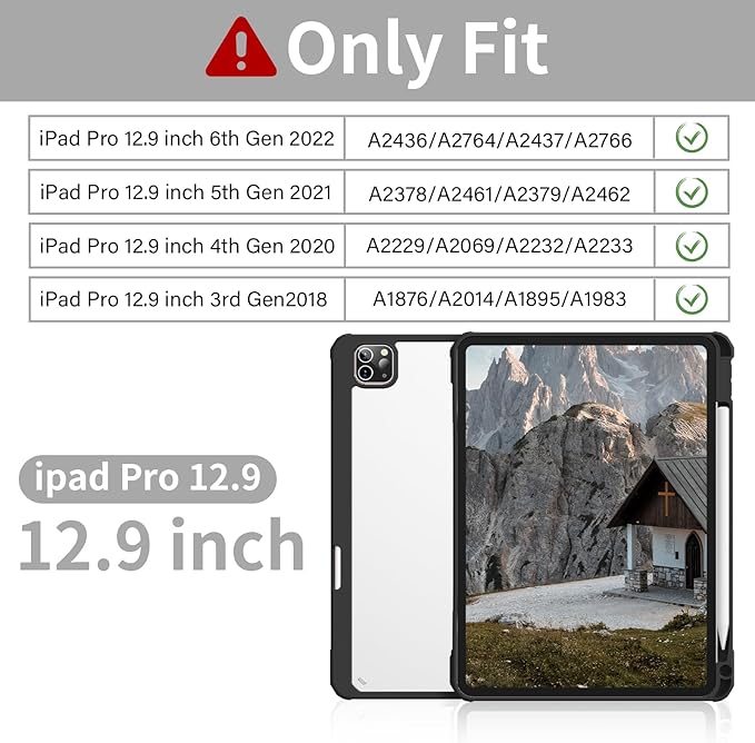 Case for iPad Pro 12.9 Inch (6th/5th/4th/3rd Generation 2022/2021/2020/2018) with Pencil Holder, Clear Transparent Back Shell Slim Stand Shockproof Tablet Cover, Auto Wake/Sleep, Black