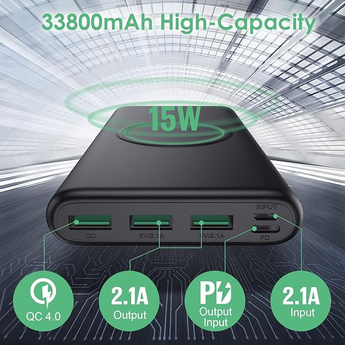 Wireless Portable Charger Power Bank, 33800mAh 15W Fast Wireless Charging 25W PD QC 4.0 USB-C Power Bank, 5 Output & Dual Input External Battery Pack Compatible with iPhone 16/15/14/13/12 (Black)