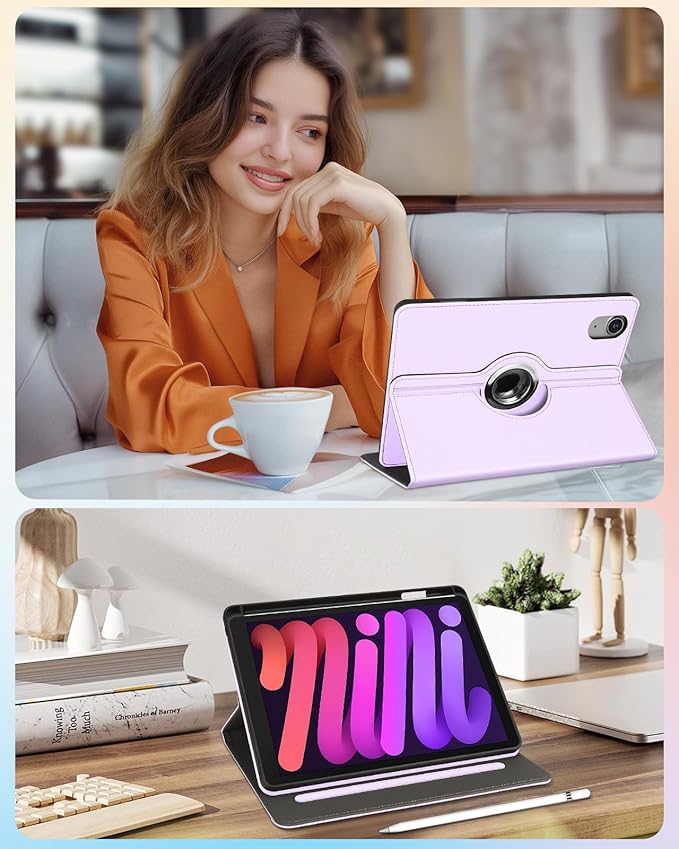 Kidcube for iPad mini 7 Case A17 Pro 2024, for iPad mini 6th Generation Case 8.3 Inch - Women Girls Kid Cute Rotating Stand Folio Cover with Pencil Holder & Card Slot Girly Kawaii Cat Unique Cover