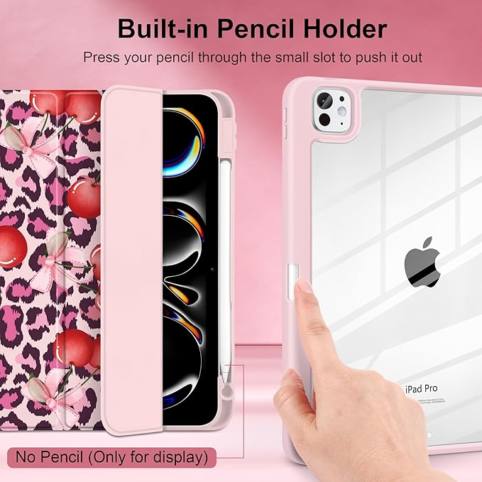 Case for iPad Pro 11 inch (M5) 2025 (M4) 2024 Release with Pencil Holder - Aesthetic Cute Design Trifold Cover with Soft TPU Bumper Clear Back Auto Sleep/Wake for Girls Women, Leopard Print