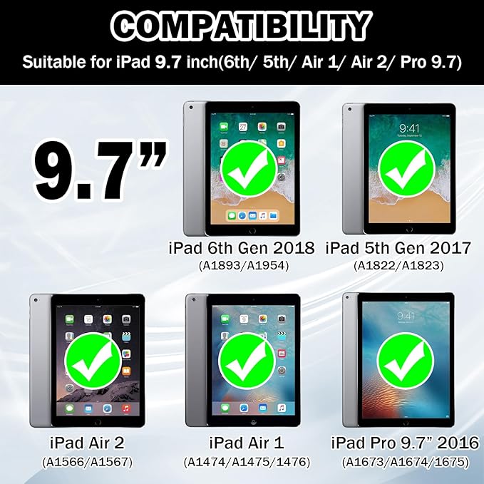 ZoneFoker 9.7" Case for iPad 6th/5th Generation 2018/2017, for iPad Air 2 / Air 1st / Pro 9.7, Heavy Duty Shockproof Protective 9.7 Inch Cover with Built-in Stand for i Pad 6 5 Gen(Black)
