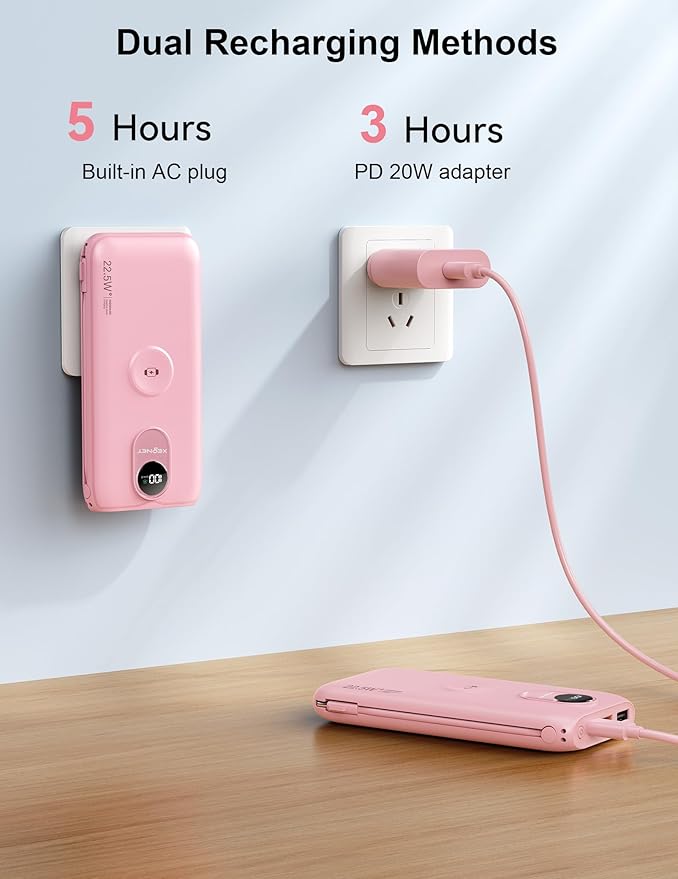Portable Charger, 10000mAh 22.5W Power Bank Fast Charging with Wall Plug, Built-in Cables, LED Display, Compact Lightweight USB C Travel Battery Pack for iPhone 17/16, Android Cell Phone, Pad, iWatch