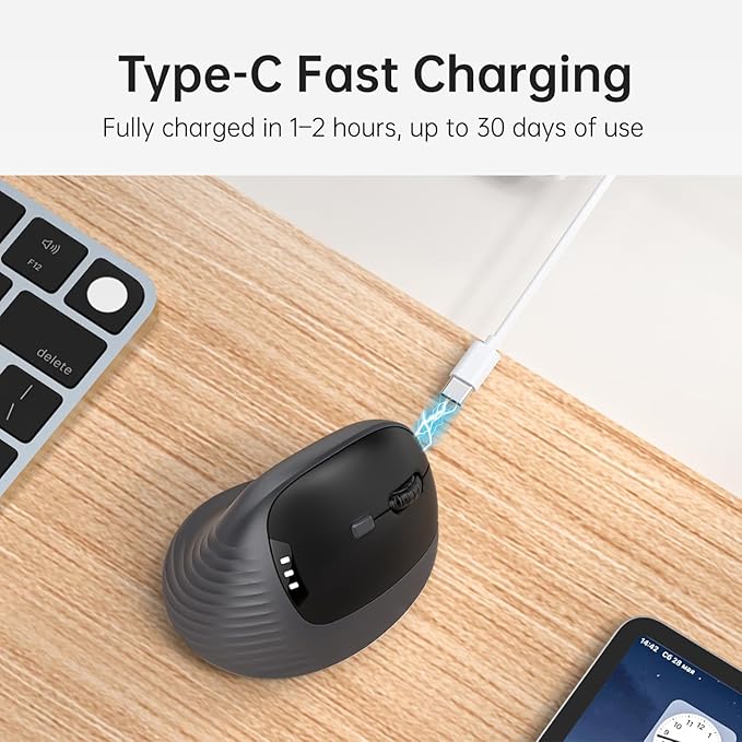 PYP Ergonomic Vertical Wireless Mouse, Bluetooth 5.2/5.0 & 2.4G Tri-Mode, Type-C Rechargeable with Power Display, 6-Level Adjustable 8,000 DPI, Lightweight Quiet Click for Laptop Mac - Black