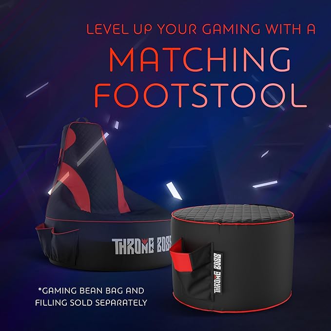 Throne Boss Gaming Footstool - Cover ONLY No Filling - Matching Bean Bag Chair Pouf/Ottoman - Round Gamer Foot Stool Footrest with Drink Holder (Red)