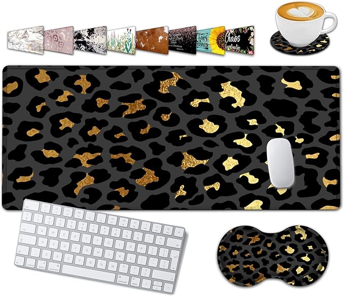 Large Gaming Mouse Pad,31.5x11.8 in Extended Computer Mouse Mat with Non-Slip PU Base, Ergonomic Memory Foam Keyboard Wrist Rest,for Work Gaming,Writing Pad Gold & Black Leopard Office Desk Pad