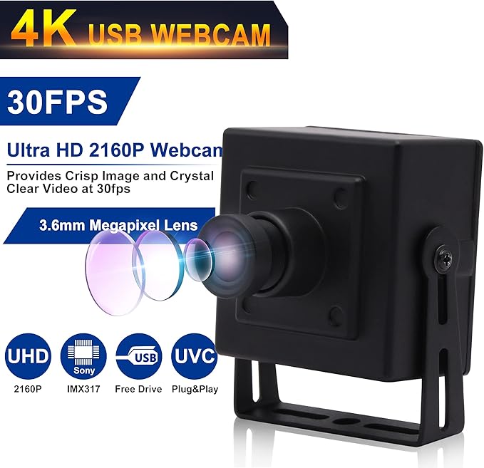 ELP 4K Mini USB Camera with 3.6mm Lens and 3840x2160 HD Resolution for MAC/Windows/Linux/Raspberry Pi