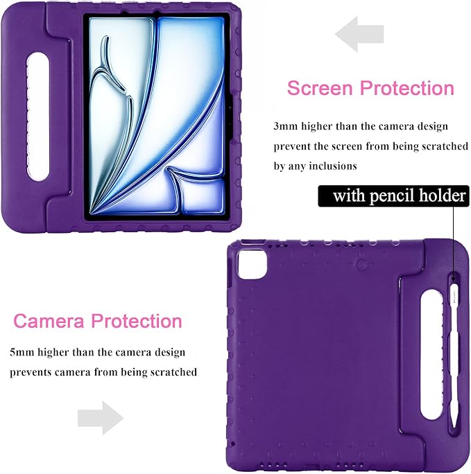 for iPad Air 11-inch Case M3/M2 (2025/2024) for Kids with Pencil Holder/Kickstand, Anti-Slip Handle Stand Lightweight Soft EVA Foam Shockproof Rugged Bumper Tablet Protective Cover, Purple