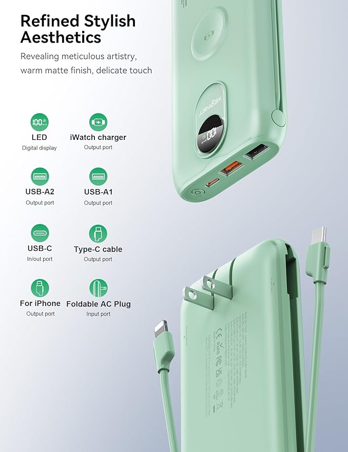 Portable Charger, 10000mAh 22.5W Power Bank Fast Charging with Wall Plug, Built-in Cables, LED Display, Compact Lightweight USB C Travel Battery Pack for iPhone 17/16, Android Cell Phone, Pad, iWatch