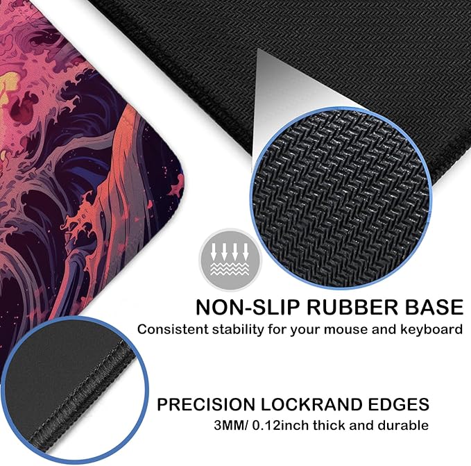 Japanese Sea Wave Large Gaming Mouse Pad with Stitched Edges, 31.5" x 15.7" Large Extended Computer Pad, Mouse Pad Protector with Non-Slip Waterproof Rubber Base Desk Pad for Laptop Office Accessories
