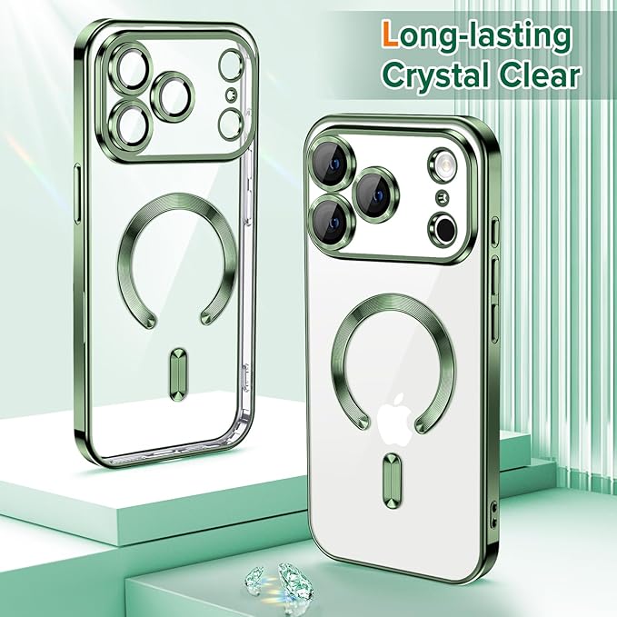 Hython Magnetic Clear for iPhone 17 Pro Case with Camera Lens Protector [Compatible with MagSafe] Luxury Plating Edge Slim Soft TPU Cover Protective Phone Case for iPhone 17 Pro 6.3", Deep Green