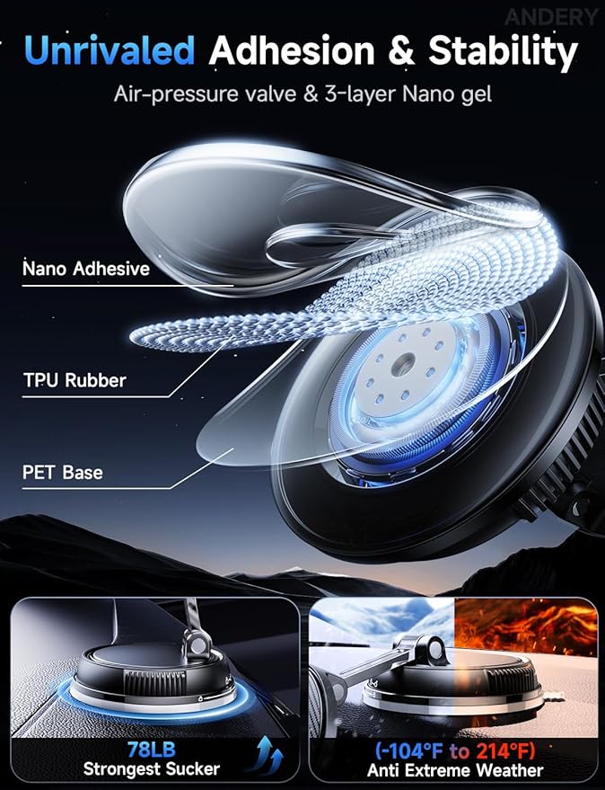 ANDERY Only for iPhone Magsafe Car Mount Charger [15W Fast Wireless Charging, 78+LBS Strong Suction 2400gf Strong Magnetic] 360° Adjustable Car Phone Holder, Phone Holders for Your Car for pats & mats