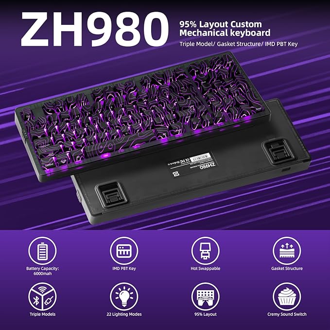 ZORNHER ZH980 Mechanical Keyboard Wireless,95% Black Hot-Swappable Custom Creamy Keyboard with Number Pad,Black Topographic Keycaps,Creamy Sounding Linear Switches,Full Size,2.4GHz/USB-C/BT5.0