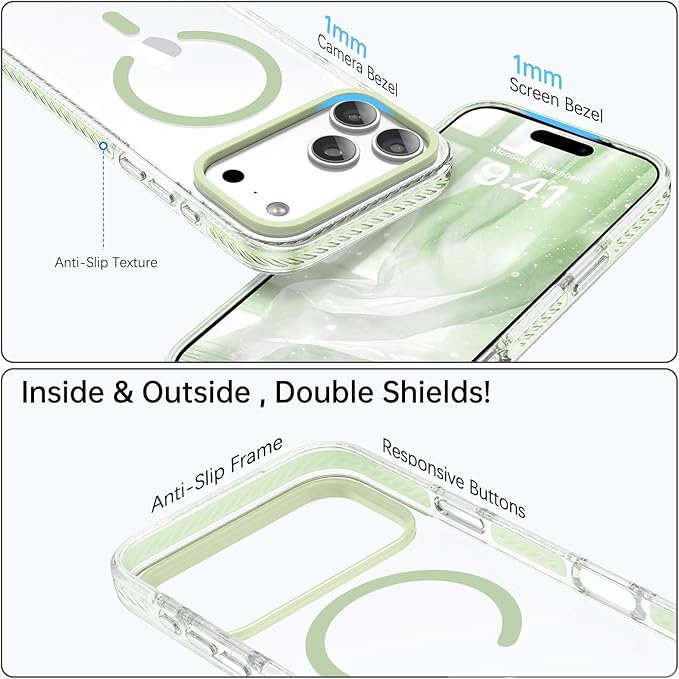 BENTOBEN Magnetic for iPhone 17 Pro Max Case 6.9", Compatible with Magsafe Shockproof Protective Bumper Cute Transparent Slim Anti-Yellowing Phone Case for iPhone 17 ProMax Cover, Clear Light Green
