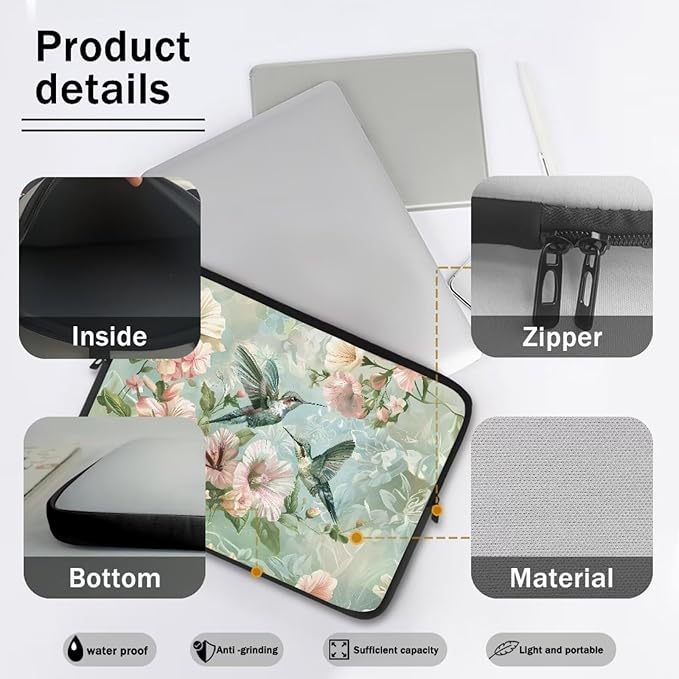 Hummingbird Flower Laptop Sleeve for Women - 13 inch Neoprene Lap Top Case with Padded Compartment