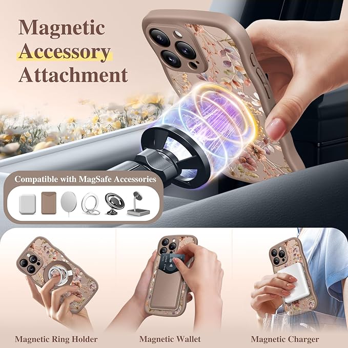 GVIEWIN for iPhone 15 Pro Case Compatible with MagSafe [Curly Wave Edge][Full Camera Protection] Floral Translucent Shockproof Magnetic Women Phone Case for iPhone 15 Pro 6.1'', Corn Poppy/Brown