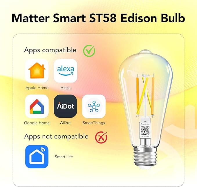 OREiN Matter Smart Light Bulb, ST19(58) Smart Edison Bulbs with Remote Control Work with Apple Home, Alexa, Google Home, SmartThings, 800lm 2700K-6500K Smart Filament Bulb E26 Base 6Pack