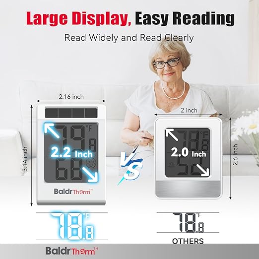 BaldrTherm 2.2'' Digital Thermometer and Hygrometer Meter, Solar-Powered Indoor Temperature Sensor Humidity Monitor, Humidity Gauge for Baby Rooms, Bedrooms, Home, Office, and Wine Cellars, 3Pack