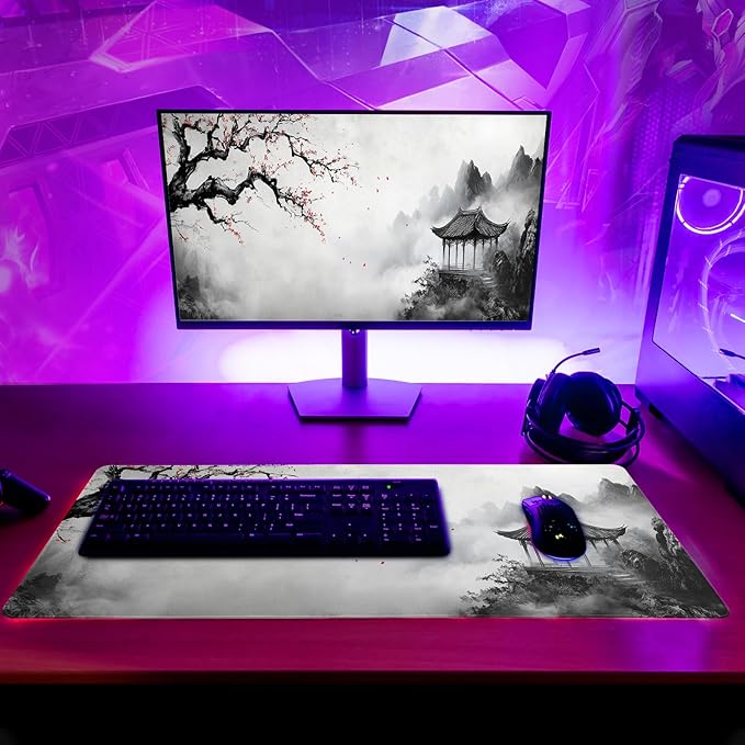 Watercolor Cherry Blossom Mouse Pad 31.5x11.8 Inch Full Desk Japanese Mousepad Large Non-Slip Rubber Base Waterproof Keyboard Mat with Stitched Edges for Gaming （Cherry Blossom Watercolor 1）