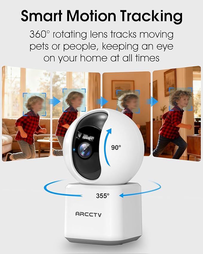 ARCCTV Indoor Security Camera, Camera for Home Security, 5G&2.4GHz Pet Camera with WiFi 6, Motion Tracking, 2-Way Audio, Night Vision, Cloud & SD Card Storage, Compatible with Alexa