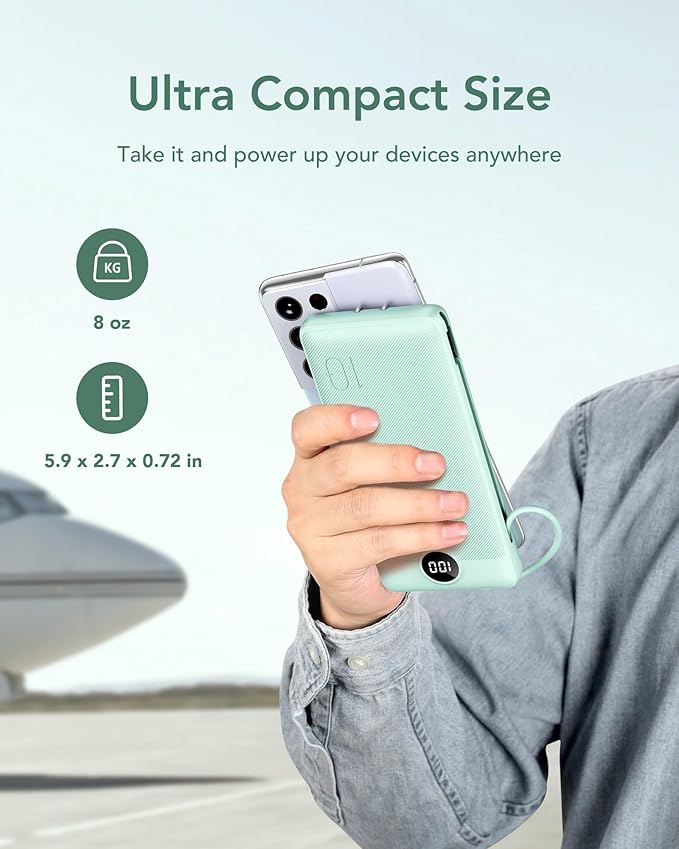 VEGER Portable Charger with Built-in AC Plug and Cables, All in One 10000mAh Ultra Slim Power Bank Travel Essentials, Fast Charging Battery Pack Compatible with iPhone, Samsung, Android (Green)