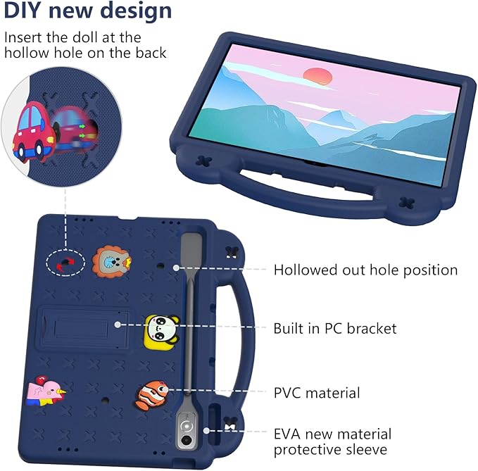 AKABEILA Compatible with Lenovo Tab P12 12.7 inch(2023) Tablet Case, Lightweight Shockproof Protective Case with Shoulder Strap & Stand Handle for Girl Kid Gift - Navy Blue