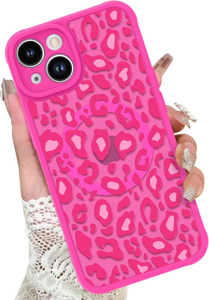 KANGHAR Case for iPhone 14 Plus Hot Pink Leopard Printed Pattern Cute Cheetah [Compatible with Magsafe] Protective Magnetic Case for Girls Women 6.7"