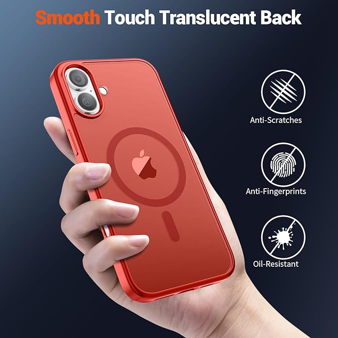 SUPFINE Magnetic for iPhone 16 Plus Case (Compatible with MagSafe) (Military Grade Drop Protection) Slim Translucent Matte Shockproof with Anti-Fingerprint Phone Case, Red