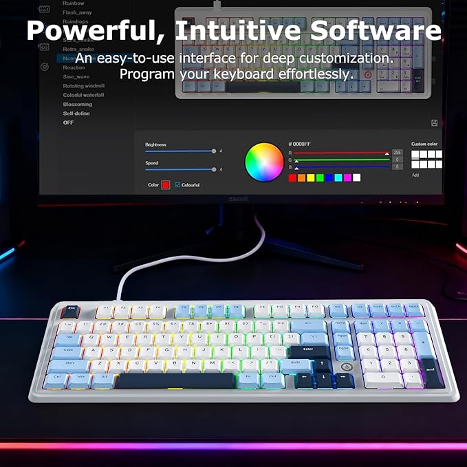 FIRSTBLOOD ONLY GAME. AK980 101-Key Hot-Swappable Mechanical Keyboard, Gasket Mount RGB Backlit, Programmable Macro, Full N-Key Rollover, with Dreamscape Linear Switches (Glacier Blue)