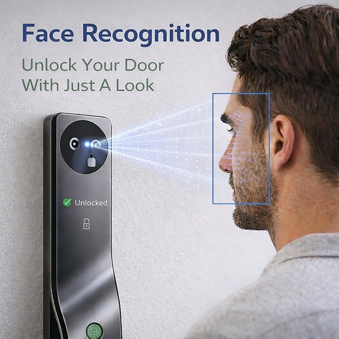 Zonixtec 3D Face Recognition Smart Lock with Camera, AI Palm Vine & Biometric Fingerprint Entry, Tuya App Remote Control, Digital Touchscreen Keypad, 6068 Mortise, Gray Aluminum Alloy