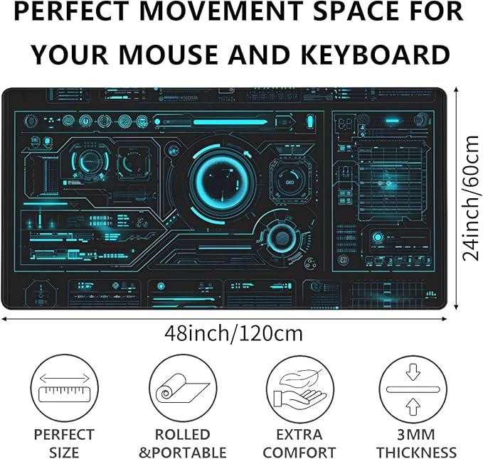 Large Extended Gaming Mouse Pad, (48" x 24") Big Desk Matt for Desktop, Waterproof Computer Keyboard Mat for Esports Pros/Gamer/Desktop/Office/Home-Cyberpunk Black and Blue
