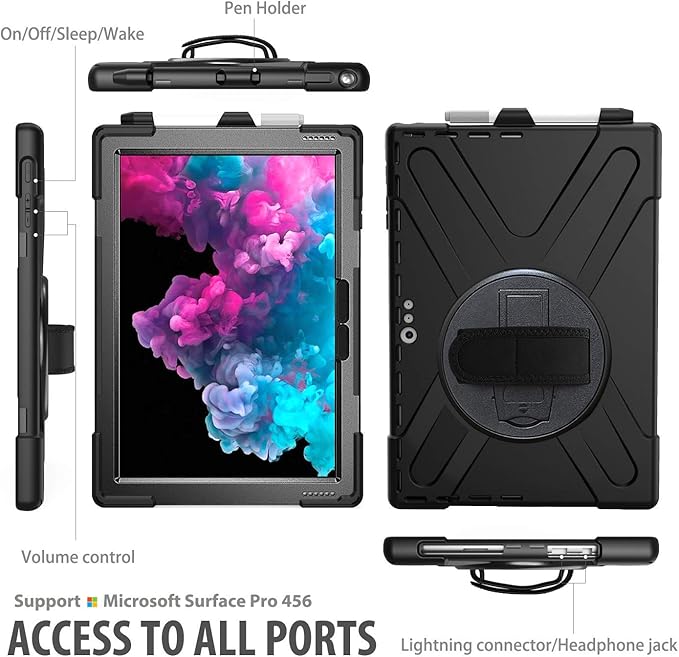 Case for Microsoft Surface Pro 7 Plus/Pro 7/6/5/2017/4/LTE 12.3 Inch Tablet, Heavy Duty Shockproof Protective Rugged Cover With Rotating Stand, Hand Strap, Shoulder Strap - Black