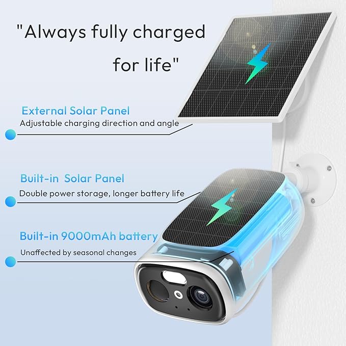 ELECCTV 2K Solar Camera Outdoor Wireless, 2.4/5 Ghz WiFi Cameras for Home Security,130°-Wide View,Color Night Vision, IP65 Waterproof,2-Way Audio,Cloud/SD, Support Alexa