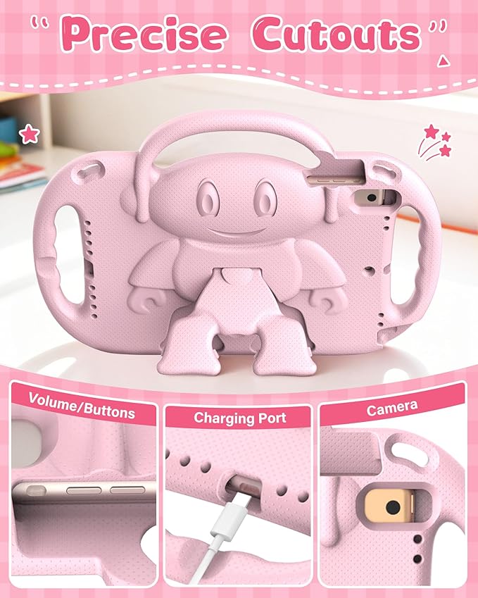 Kids Case for iPad 5th/6th Generation (9.7 inch, 2017/2018) & iPad Air 1/2 9.7" & Pro 9.7, Durable Shockproof Lightweight Kids Cover with Shoulder Strap/Handle/Kickstand, Light Pink