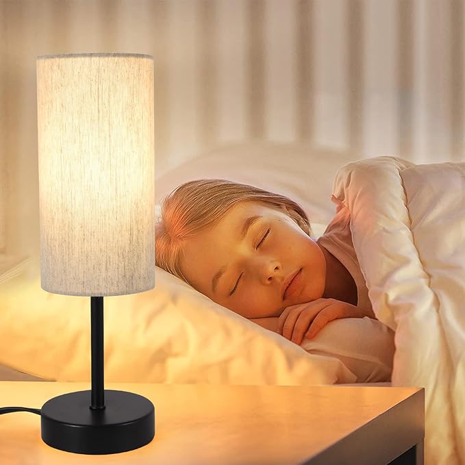 RISLG 2 Pack Small Table Lamps for Bedroom, Bedside Lamps for Nightstand with Wire Switch, Minimalist Modern Desk Lamps with Linen Fabric Shade for Kids Room Living Room Office Dorm, Bulb Included